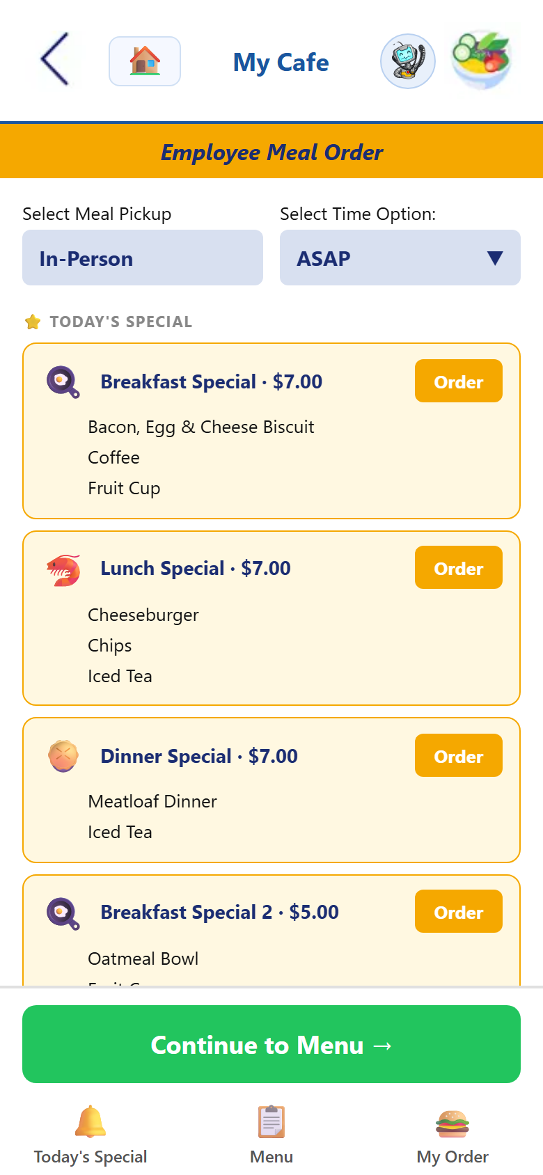 My Café order screen showing today's specials and order buttons