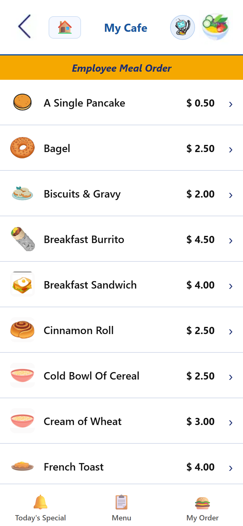 My Café menu screen — Employee Orders, Resident Guest Orders, and Resident Orders