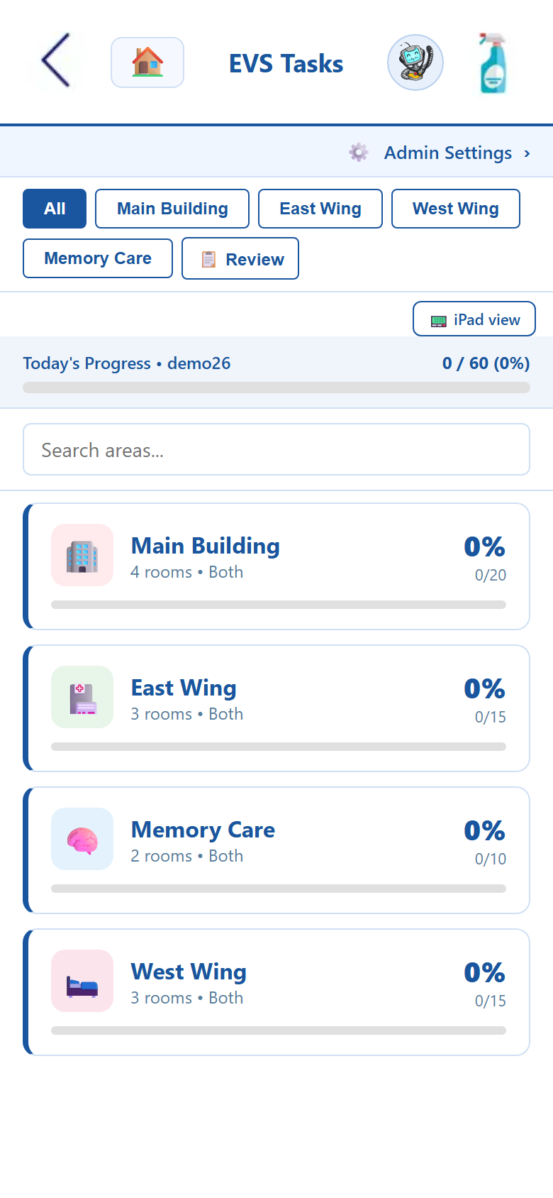EVS Tasks area dashboard showing Main Building, East Wing, Memory Care, and West Wing with progress bars