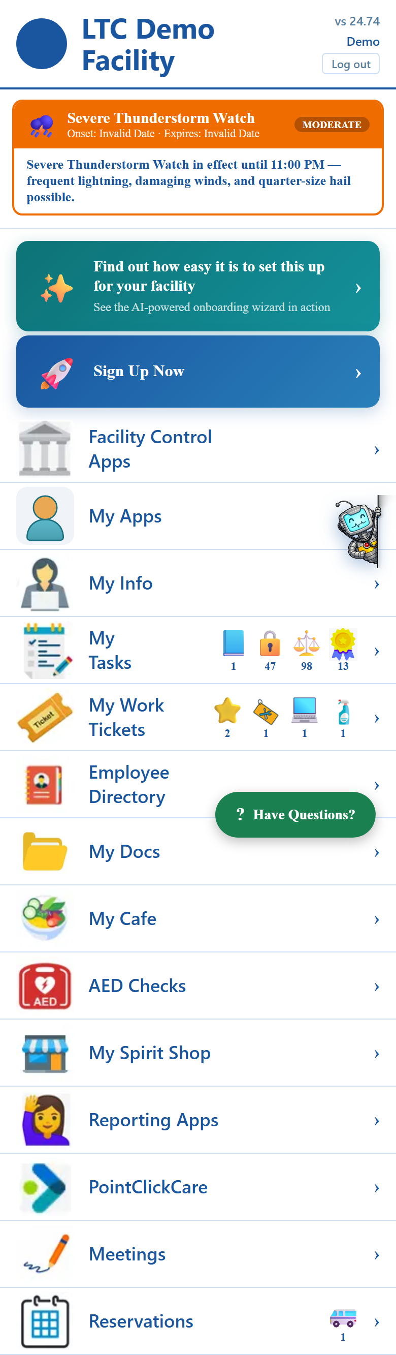 MyLTCApps AI healthcare facility management app — the one-login menu of apps that run a long-term care facility